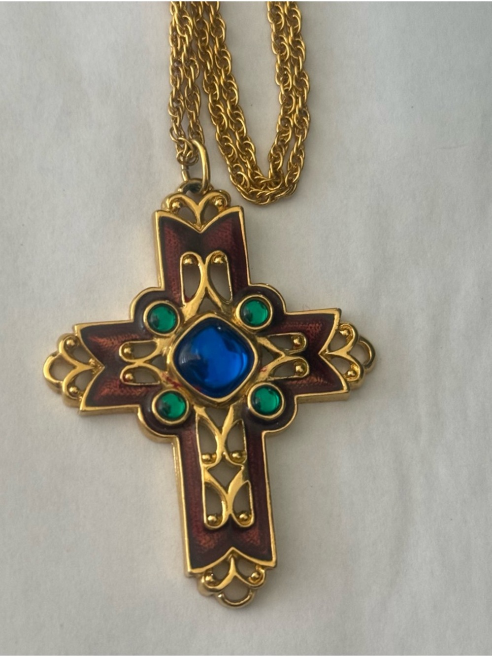Gold-Tone Avon Red Enamel Cross Pendant Necklace with Blue and Green Gem Accents
